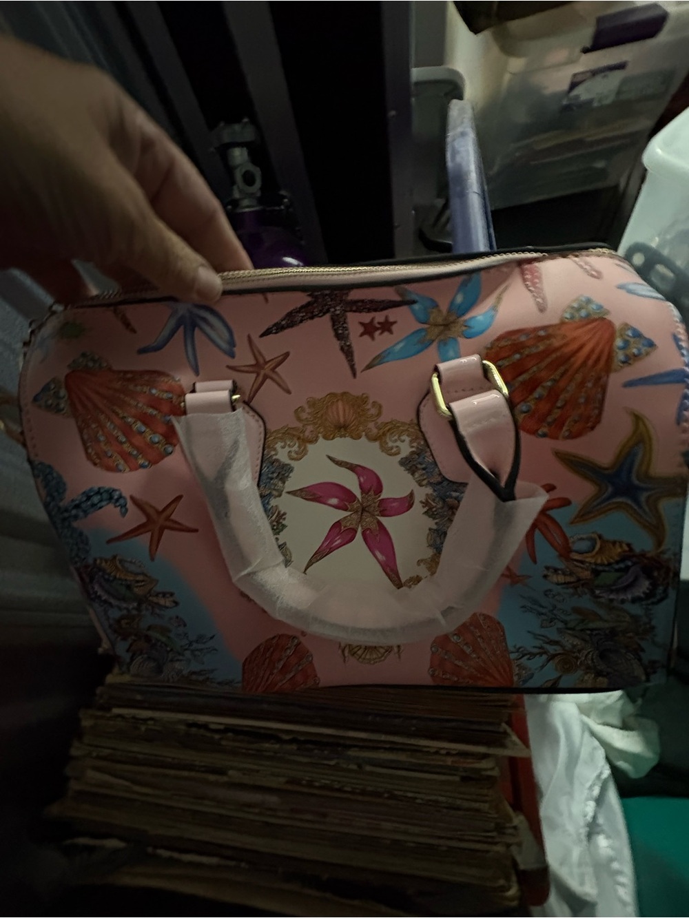 Seashell-Print Pink Satchel with Gold Accents